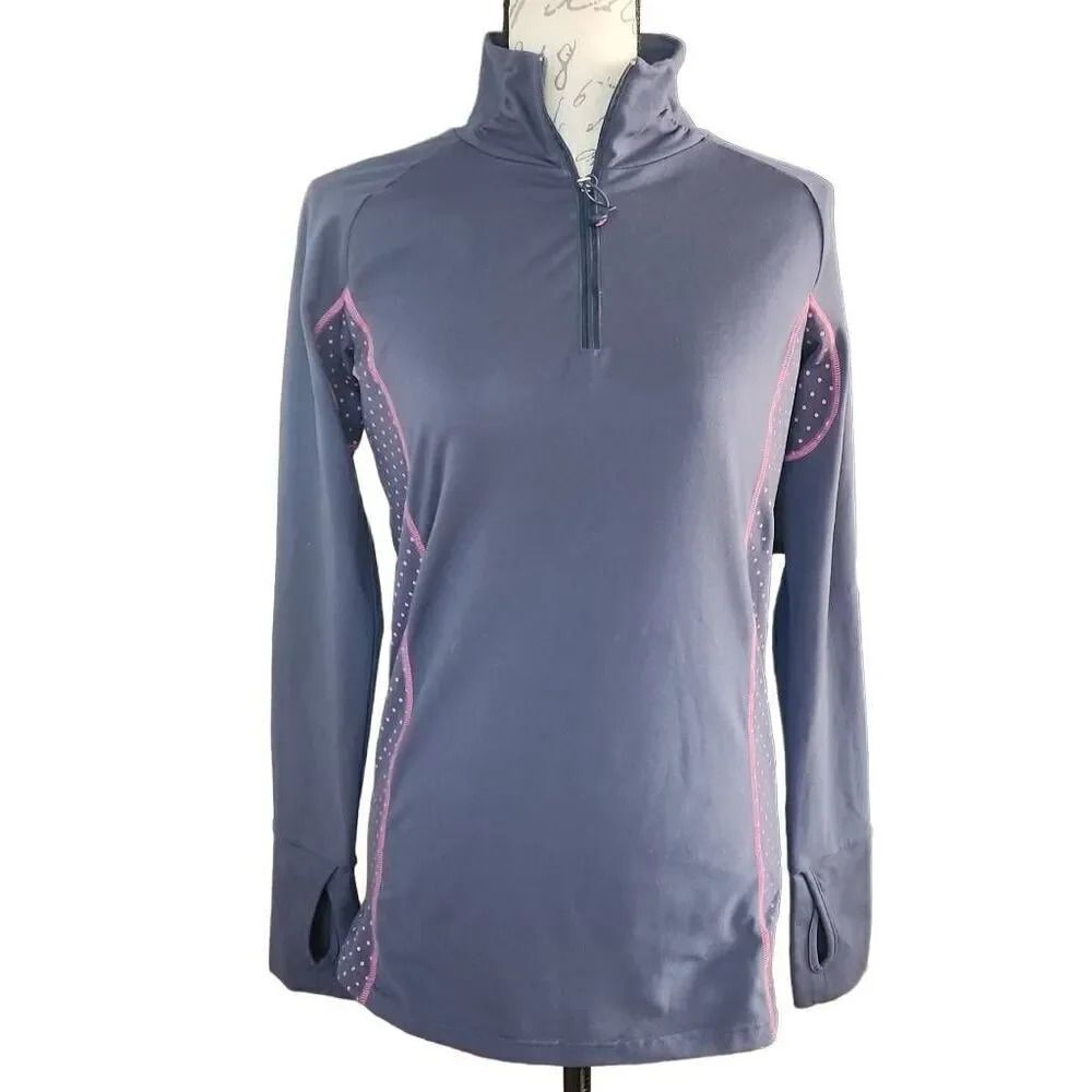 Aerie Fit Ladies Size Large Gray Pink Dot 1/4 Zip Athletic Jacket w/ Thumb Holes